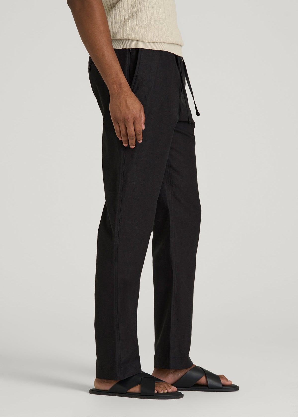 Stretch Cotton Linen Blend Pull-On Pants for Tall Men in Black