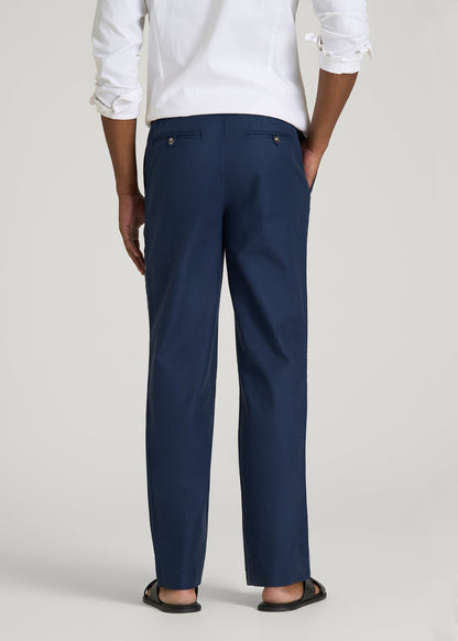 Stretch Cotton Linen Blend Pull-On Pants for Tall Men in Navy Blue