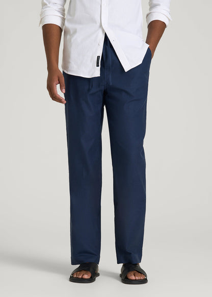 Stretch Cotton Linen Blend Pull-On Pants for Tall Men in Navy Blue