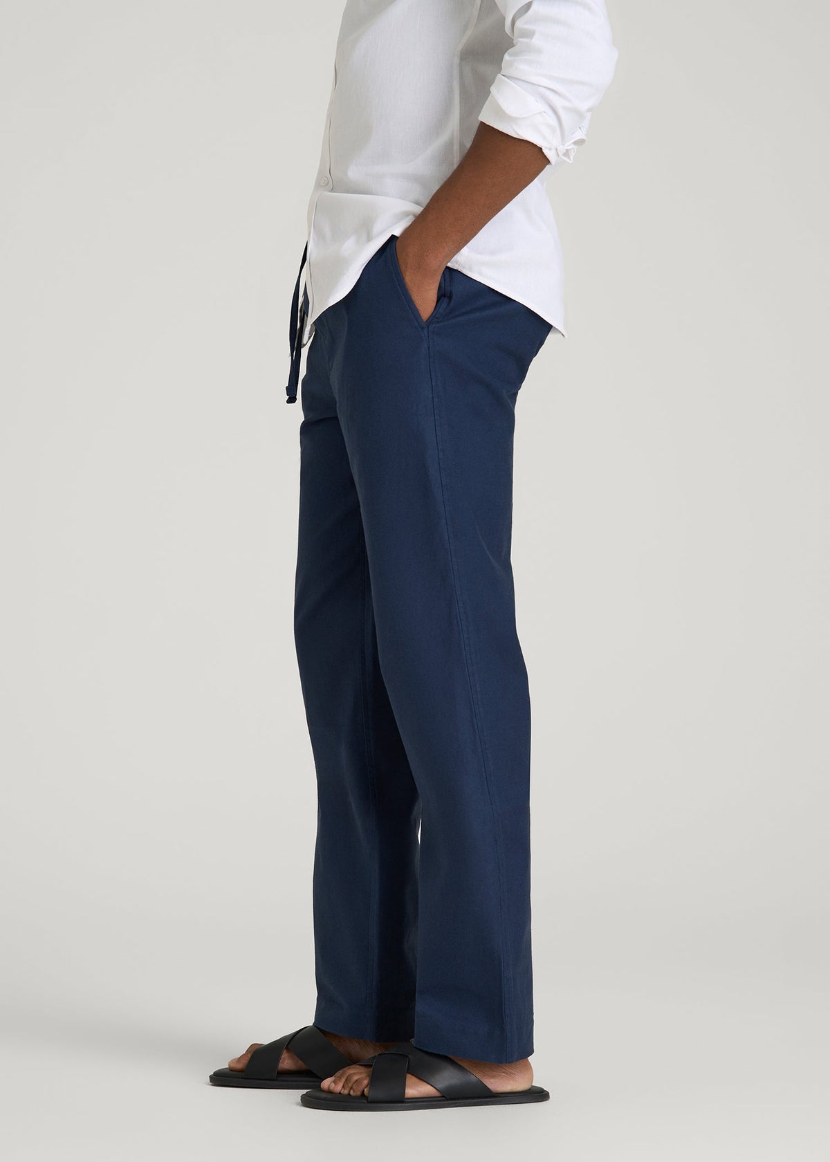 Stretch Cotton Linen Blend Pull-On Pants for Tall Men in Navy Blue