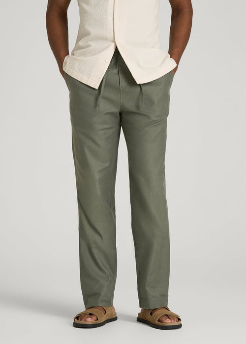Stretch Cotton Linen Blend Pull-On Pants for Tall Men in Olive