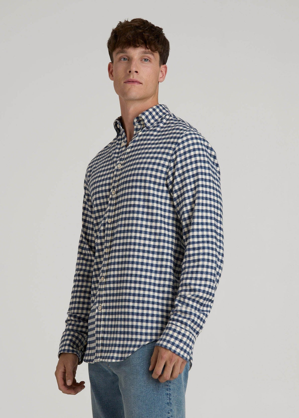 Midweight Brushed Flannel Button Shirt for Tall Men in Blue and Ecru Gingham