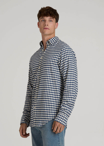 Midweight Brushed Flannel Button Shirt for Tall Men in Blue and Ecru Gingham