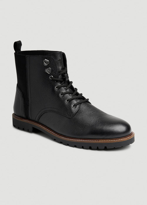Pebbled Leather Lace-Up Boots for Tall Men in Black