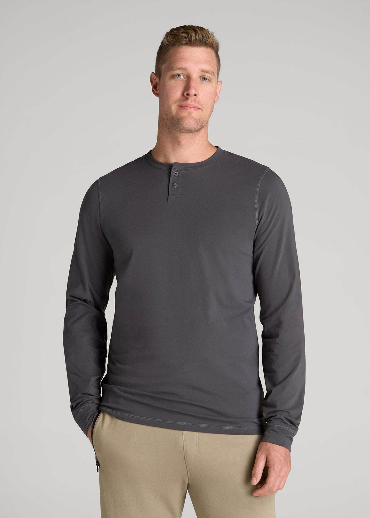 Pima Stretch Knit Henley Shirt for Tall Men in Iron Grey
