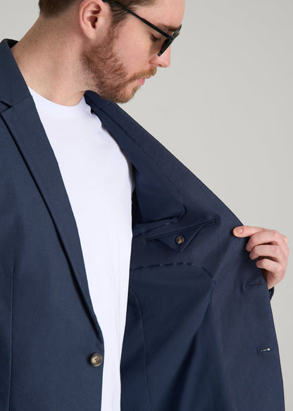 Stretch Cotton Linen Blend Blazer for Tall Men in Navy Blue