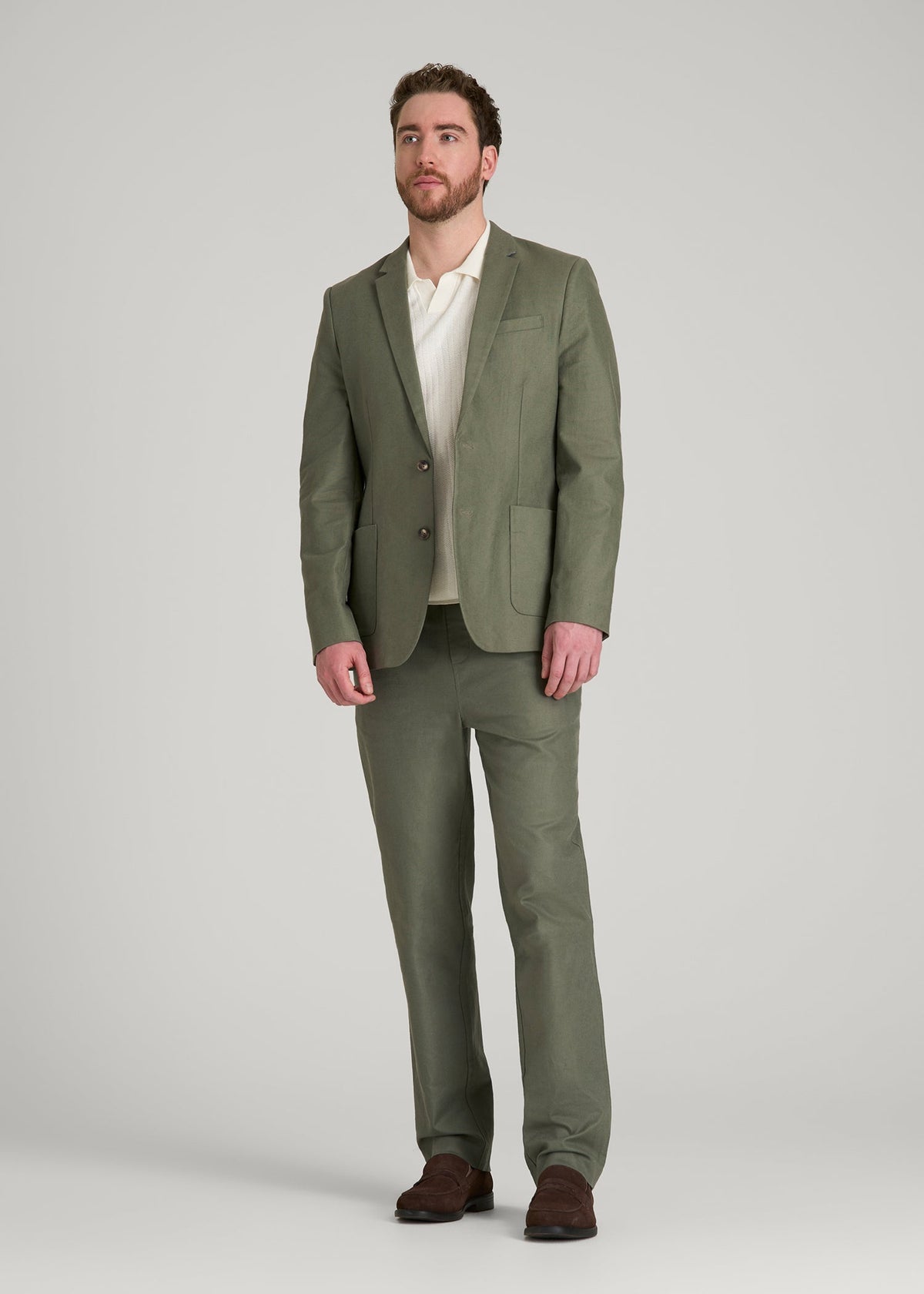 Stretch Cotton Linen Blend Blazer for Tall Men in Olive