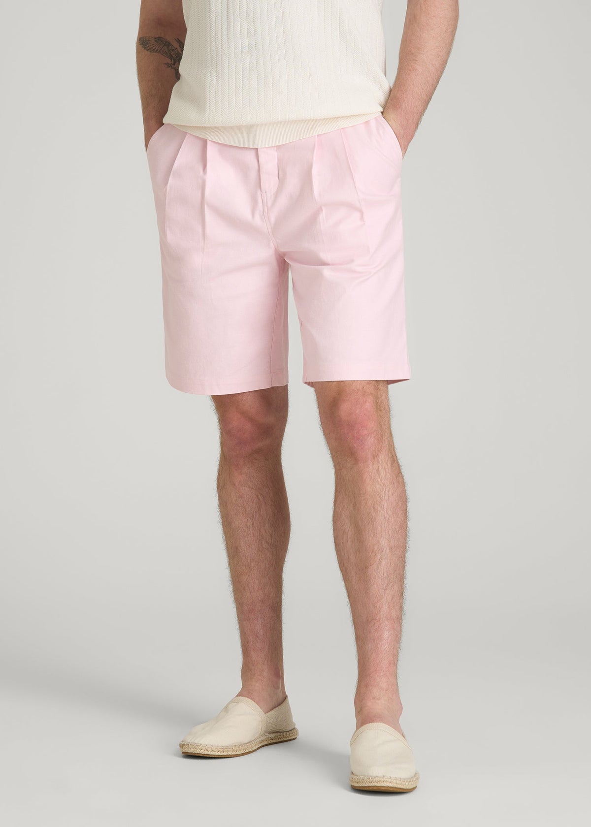 Stretch Cotton Linen Blend Shorts for Tall Men in Barely Pink