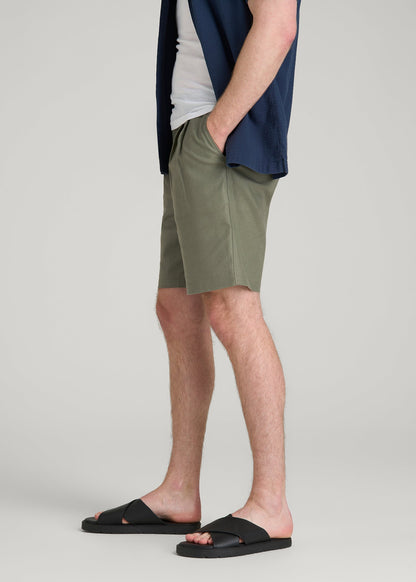 Stretch Cotton Linen Blend Shorts for Tall Men in Olive
