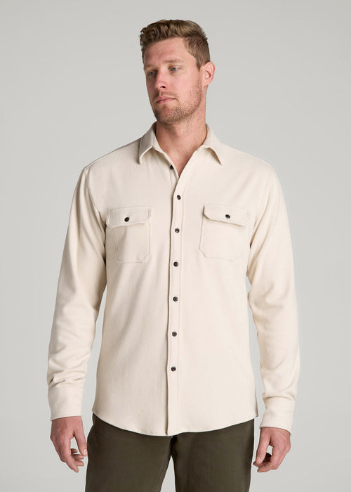 Stretch Flannel Button Shirt for Tall Men in Soft Beige