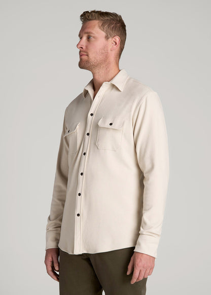 Stretch Flannel Button Shirt for Tall Men in Soft Beige