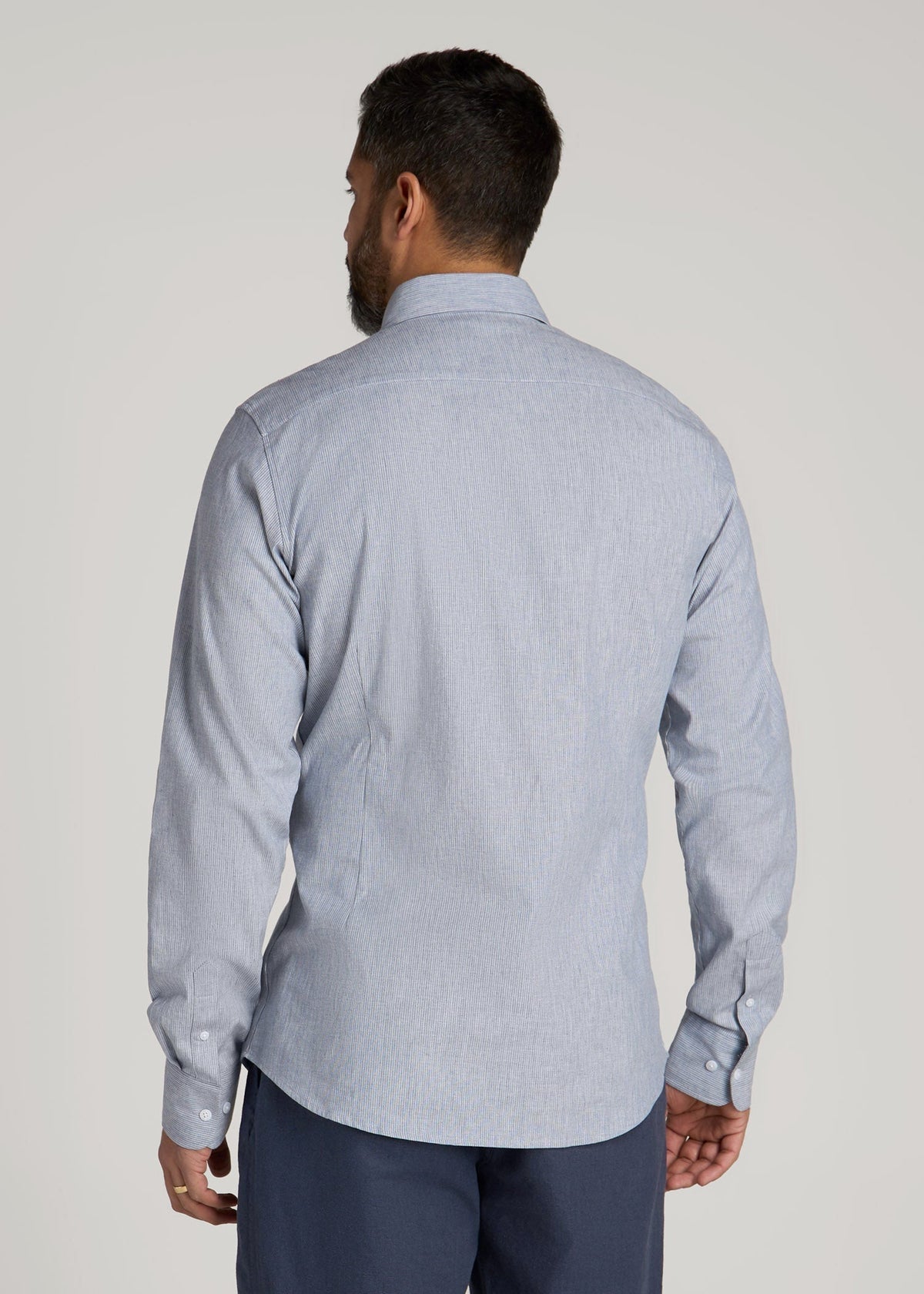 Stretch Linen Dress Shirt for Tall Men in Blue and White Pinstripe
