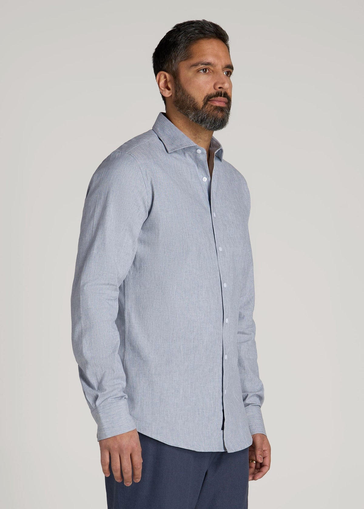 Stretch Linen Dress Shirt for Tall Men in Blue and White Pinstripe