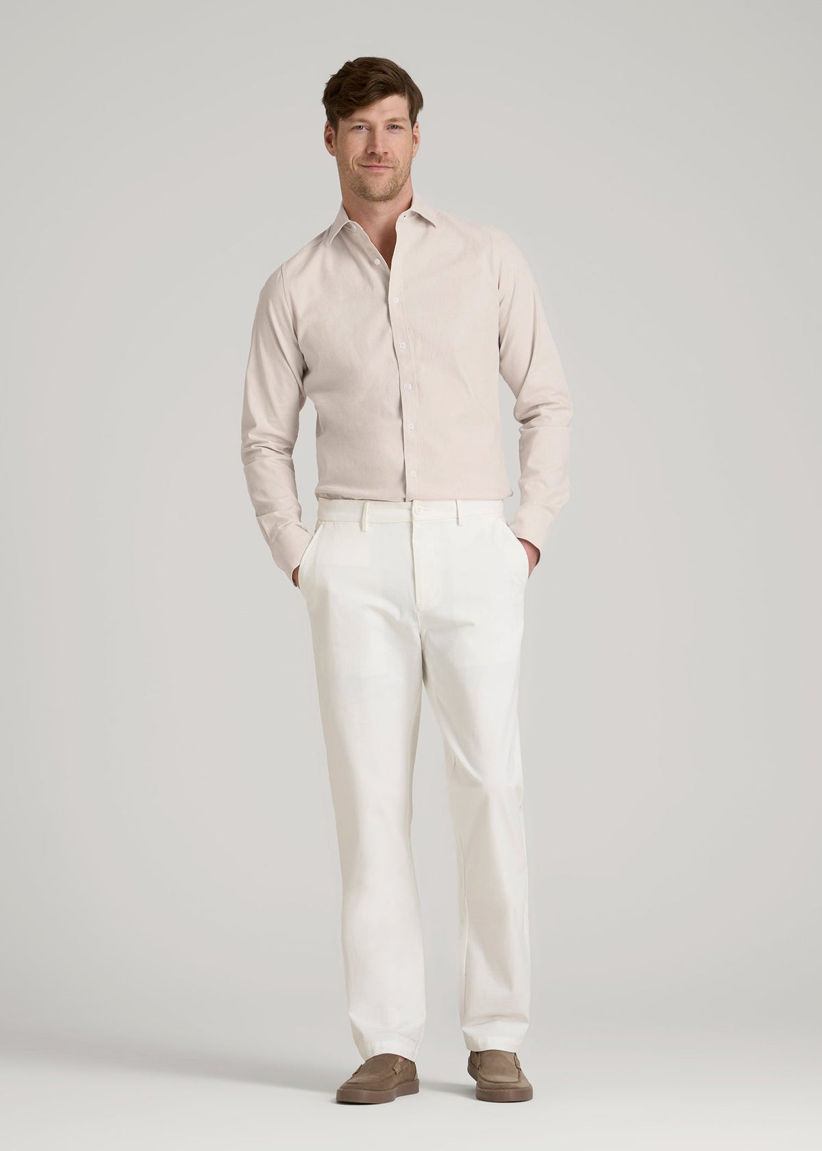 Stretch Linen Dress Shirt for Tall Men in Light Stone Mix