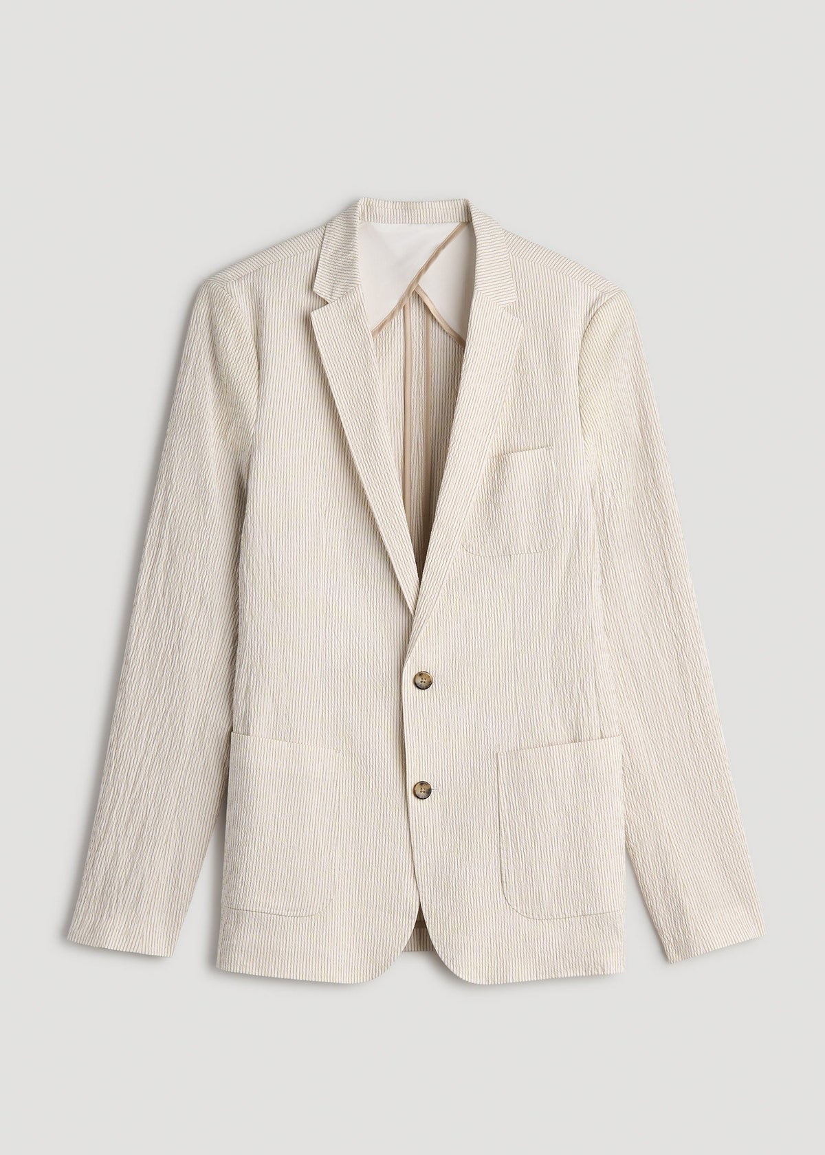 Stretch Seersucker Blazer for Tall Men in Off White and Beige Stripe