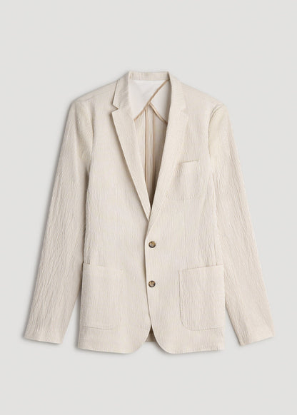 Stretch Seersucker Blazer for Tall Men in Off White and Beige Stripe