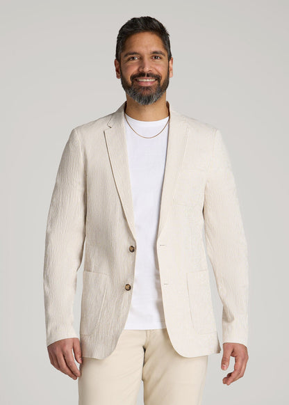 Stretch Seersucker Blazer for Tall Men in Off White and Beige Stripe