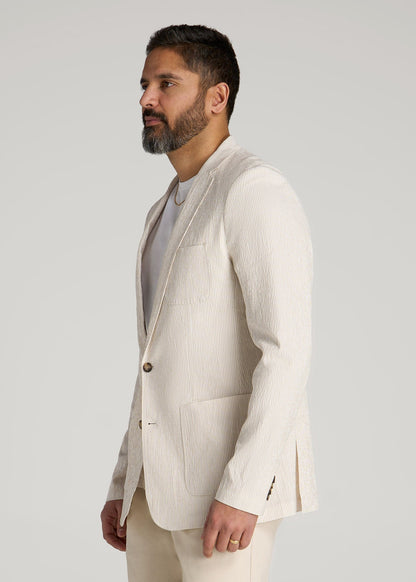 Stretch Seersucker Blazer for Tall Men in Off White and Beige Stripe