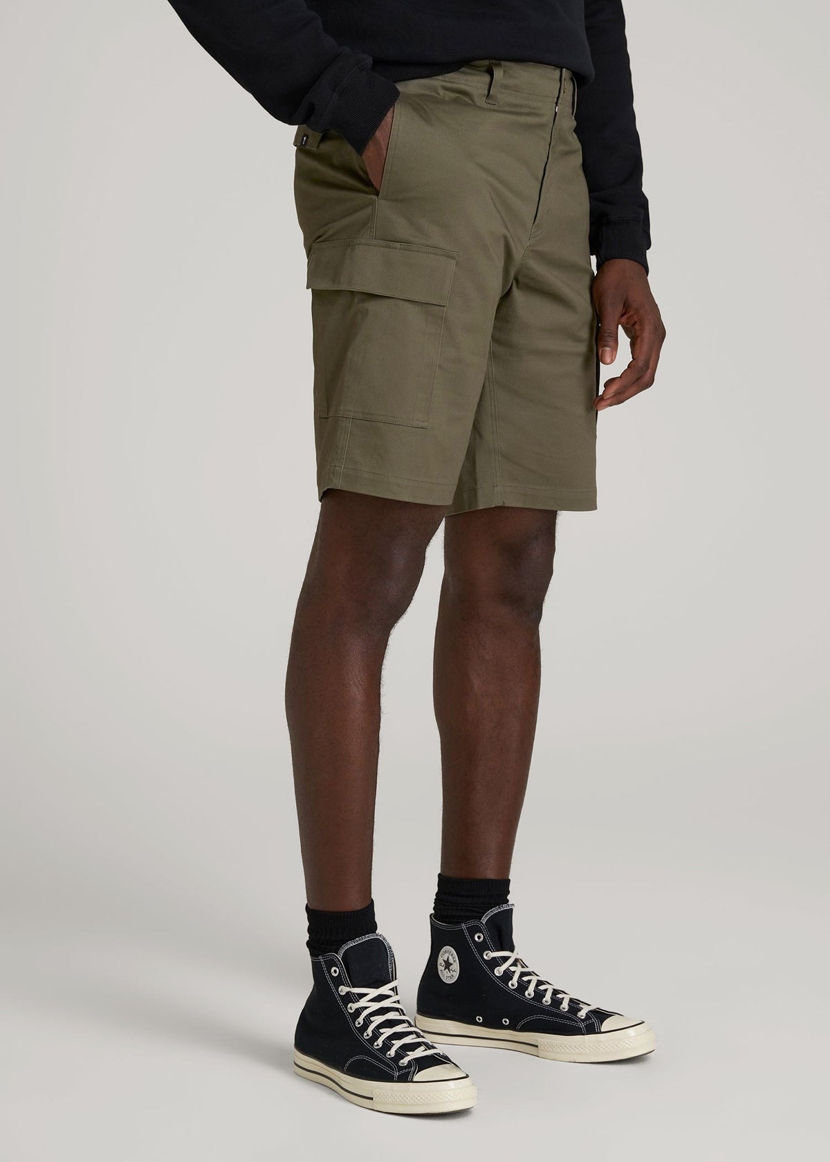 Stretch Twill Cargo Shorts for Tall Men in Dark Moss Green