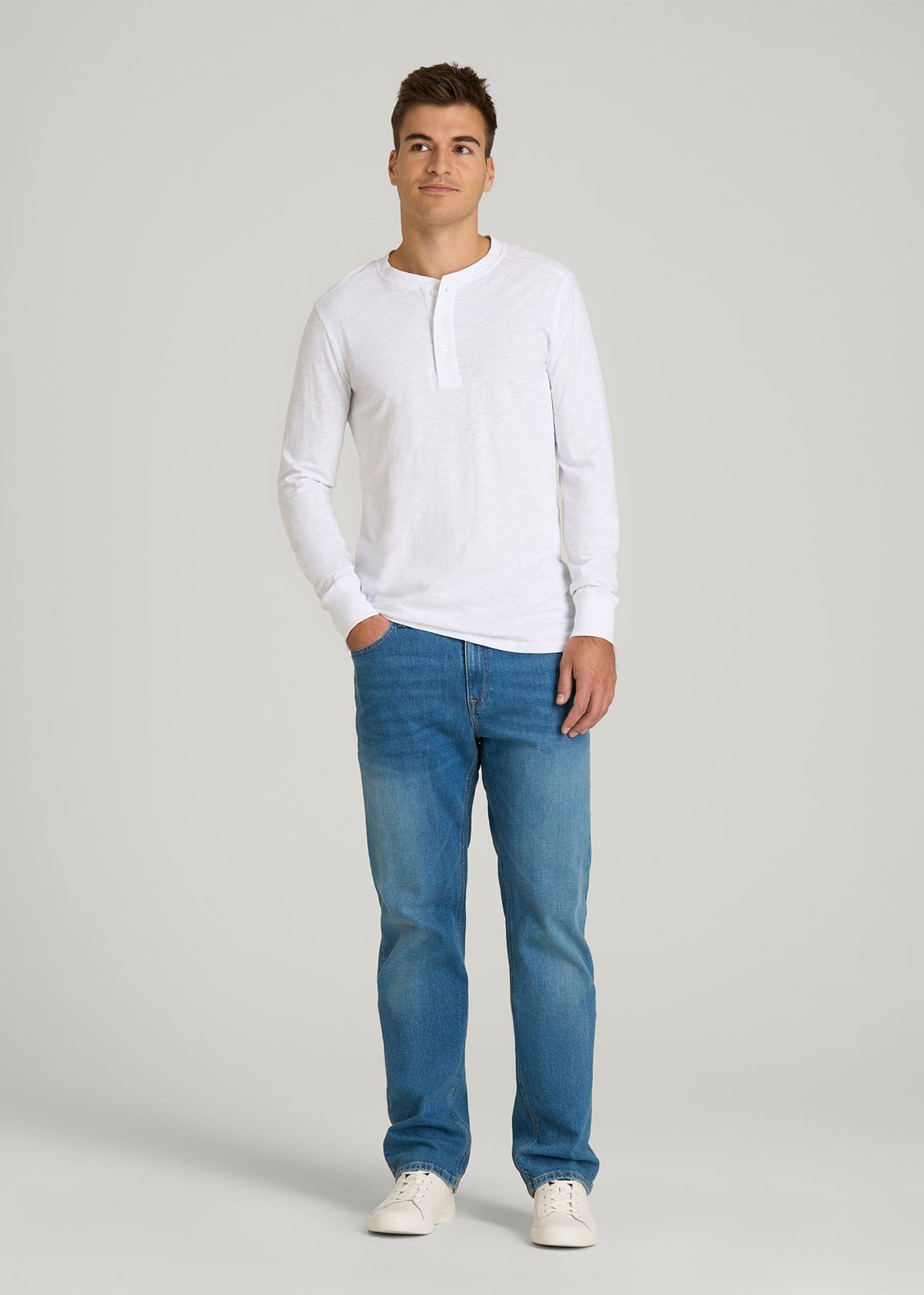 Three-Button Long Sleeve Slub Henley for Tall Men in White