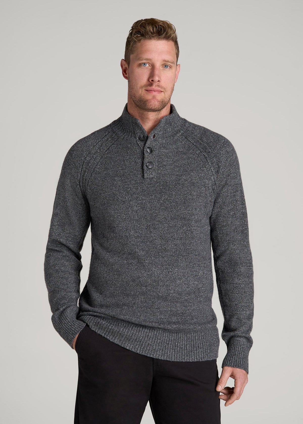 Three-Button Mock Neck Sweater for Tall Men in Grey Marl