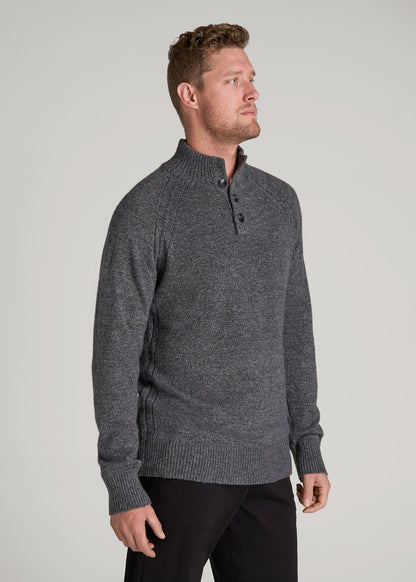 Three-Button Mock Neck Sweater for Tall Men in Grey Marl