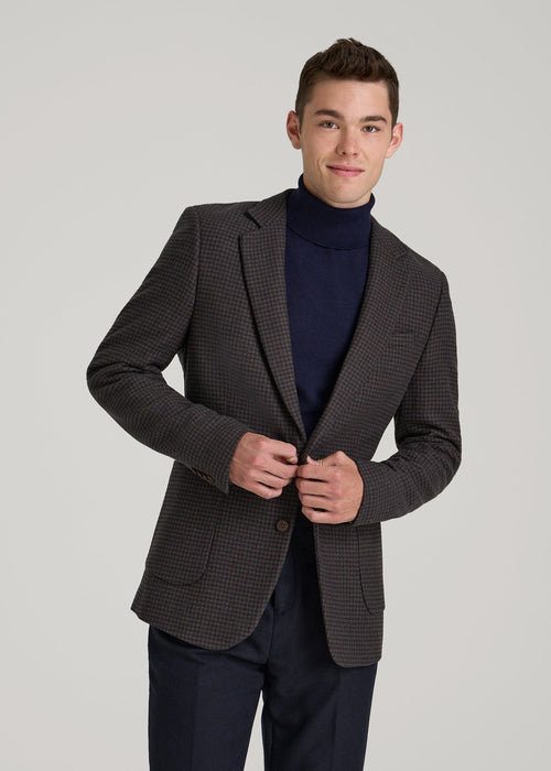 Wool Blend Blazer for Tall Men in Indigo and Brown Houndstooth