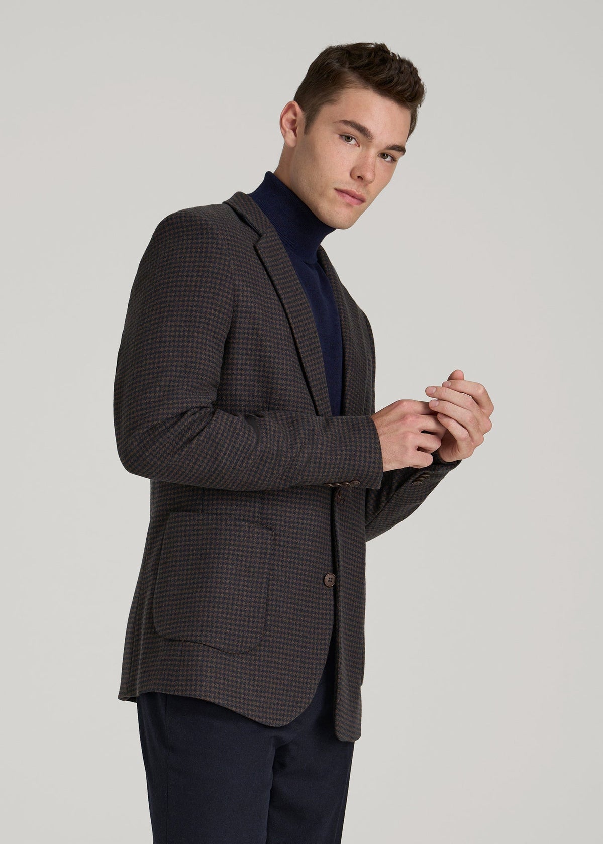 Wool Blend Blazer for Tall Men in Indigo and Brown Houndstooth