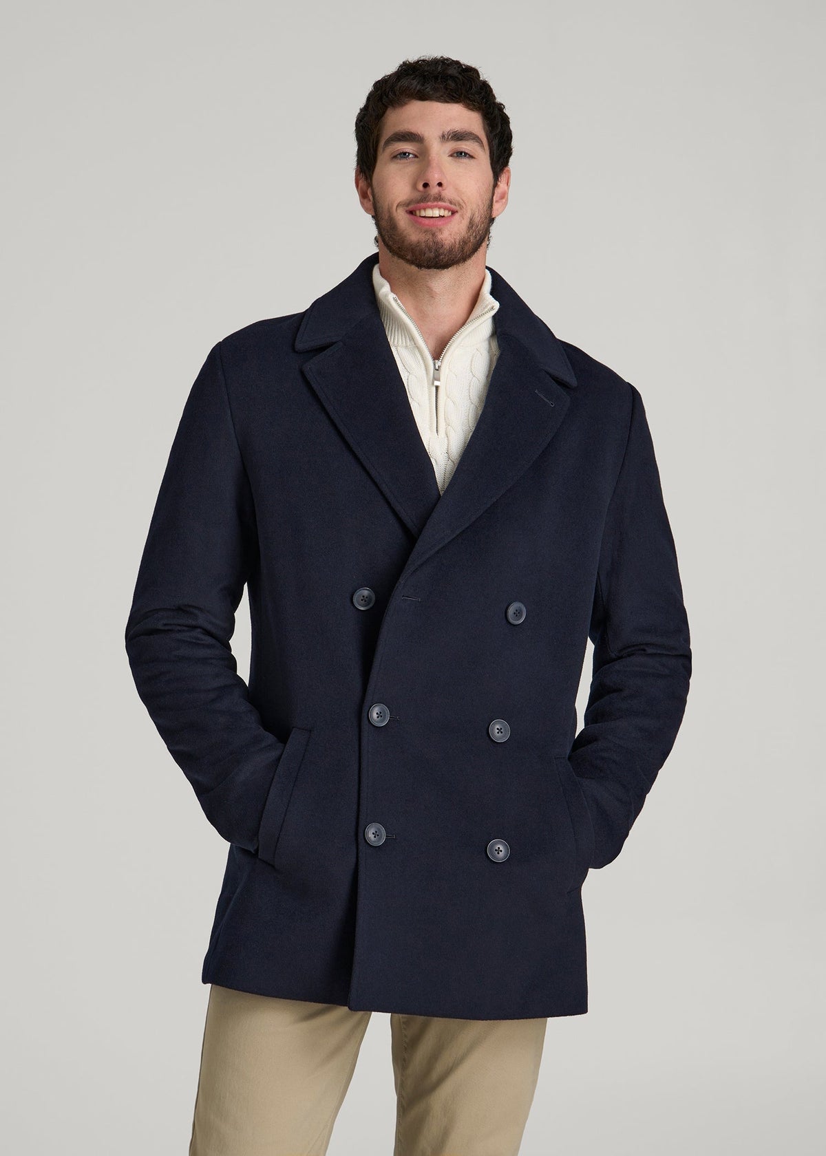 Double-Breasted Wool Peacoat for Tall Men in Deep Navy