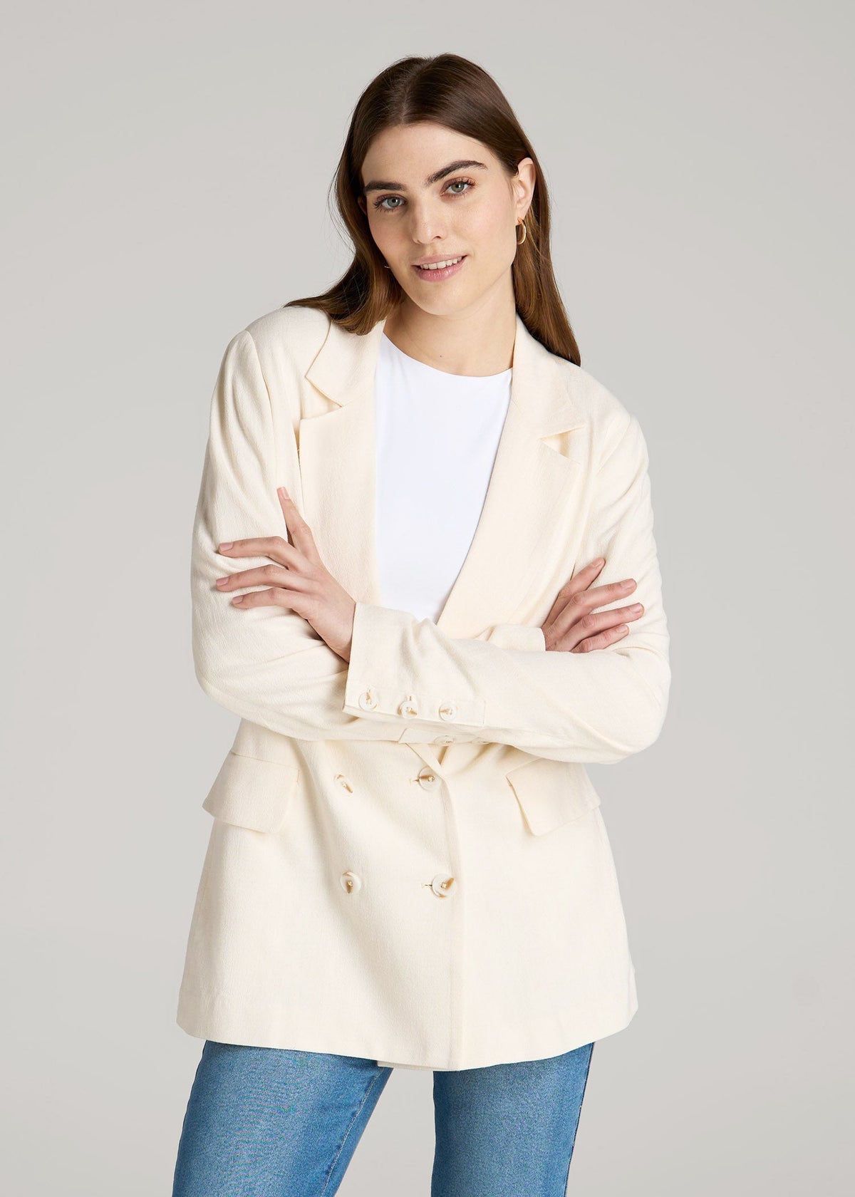 Linen Blend Tie Back Blazer For Tall Women in White Alyssum