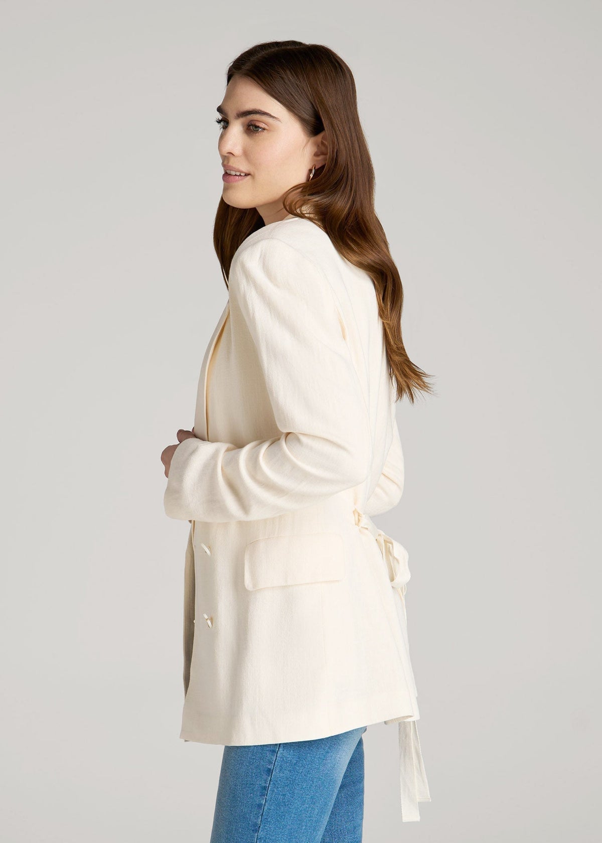 Linen Blend Tie Back Blazer For Tall Women in White Alyssum