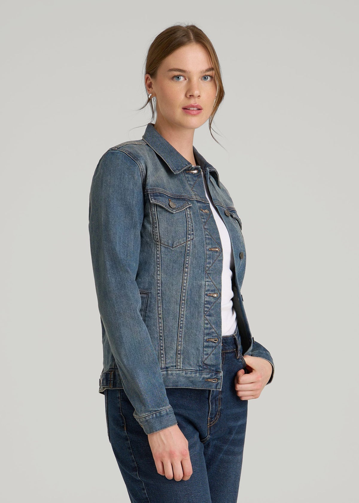 Denim Jacket for Tall Women in Vintage Medium Blue