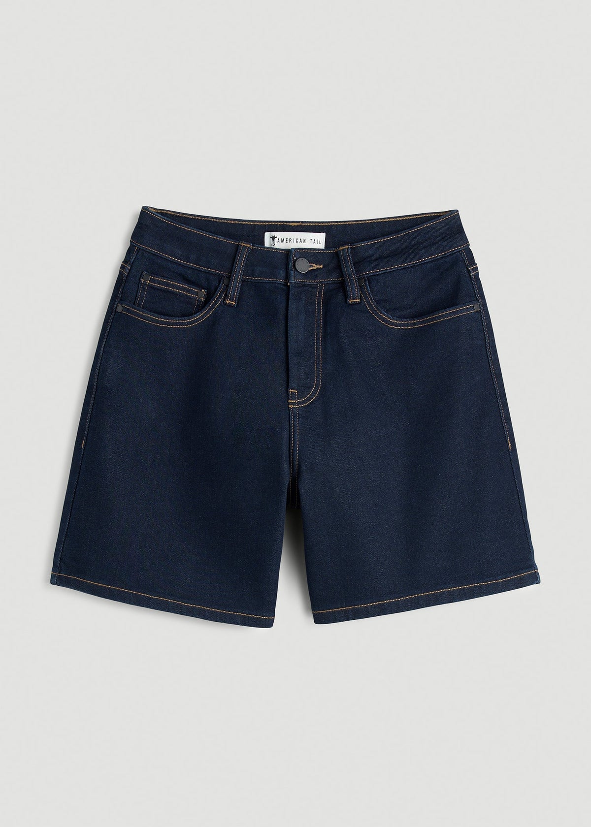Stretch Denim Shorts for Tall Women in Deep Indigo Wash