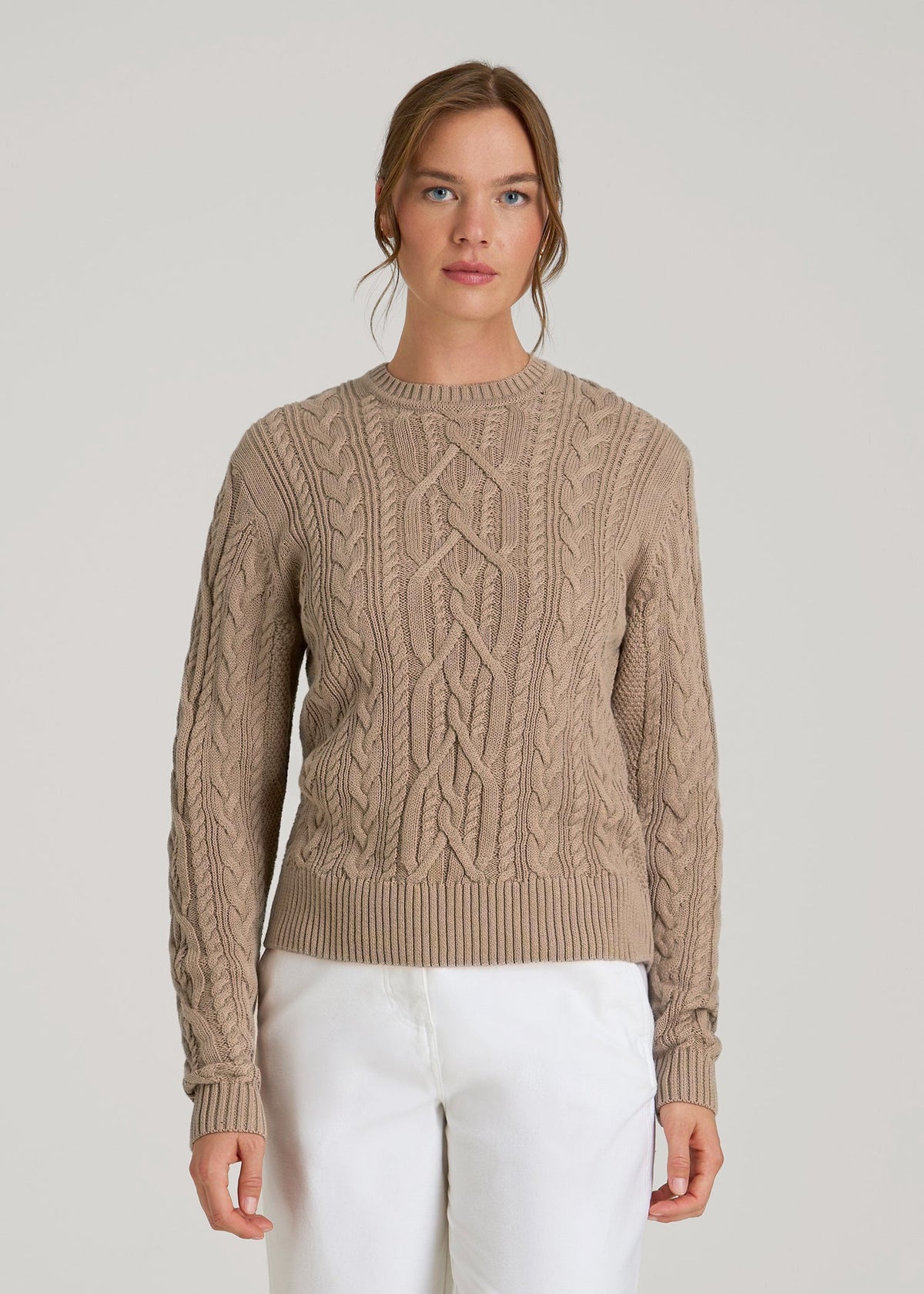 Cotton Crewneck Sweater for Tall Women in Stucco