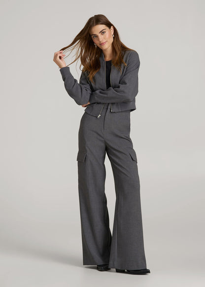 Cropped Bomber Jacket for Tall Women in Graphic Charcoal