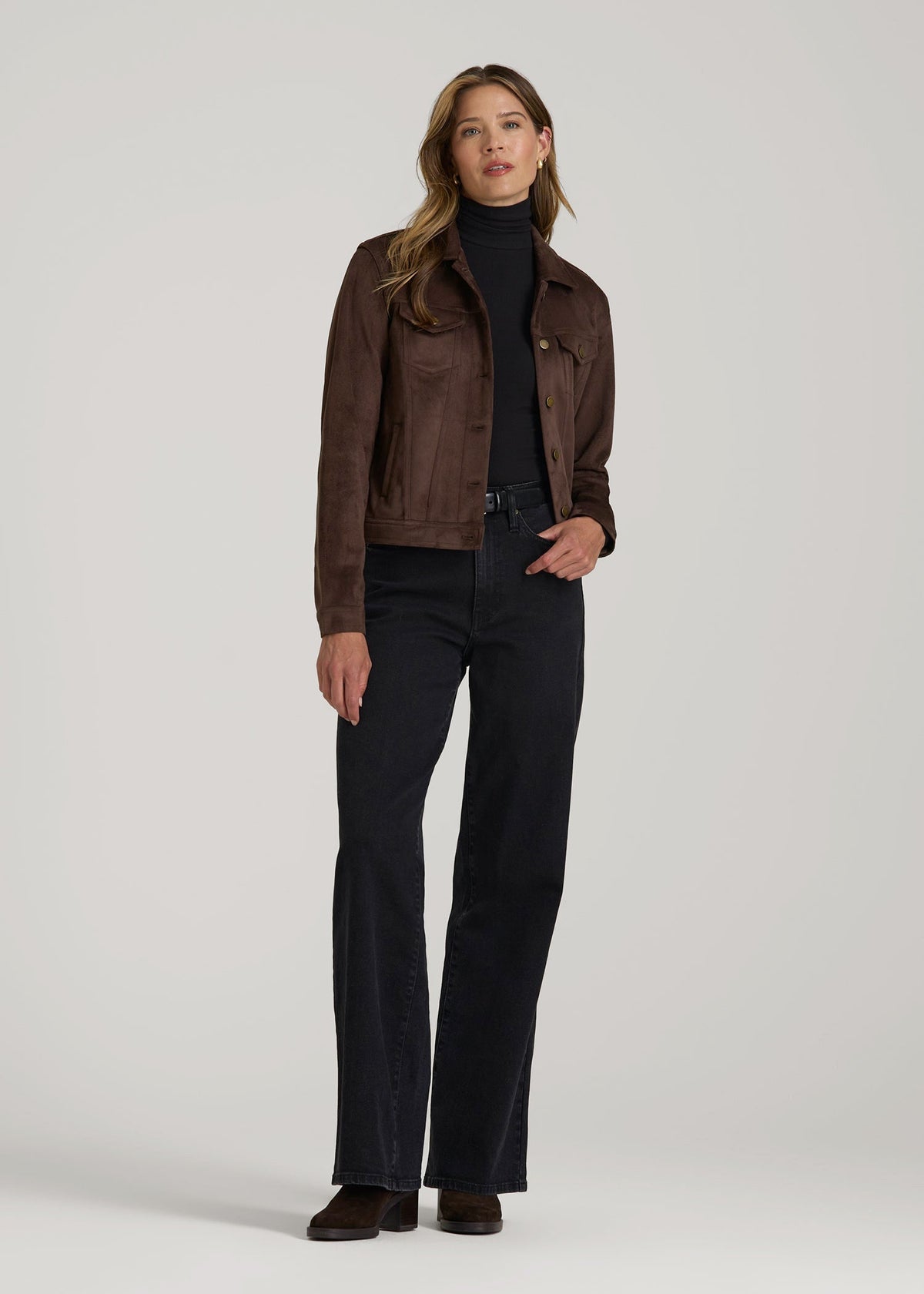 True Touch Suede Trucker Jacket for Tall Women in Espresso