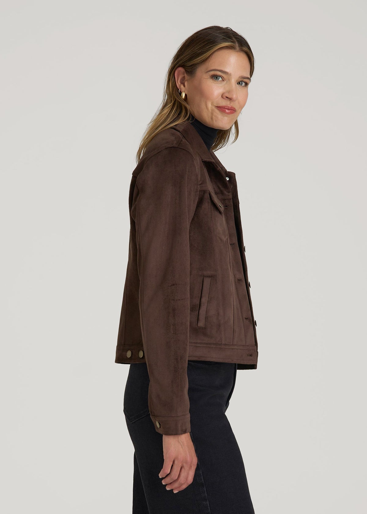 True Touch Suede Trucker Jacket for Tall Women in Espresso