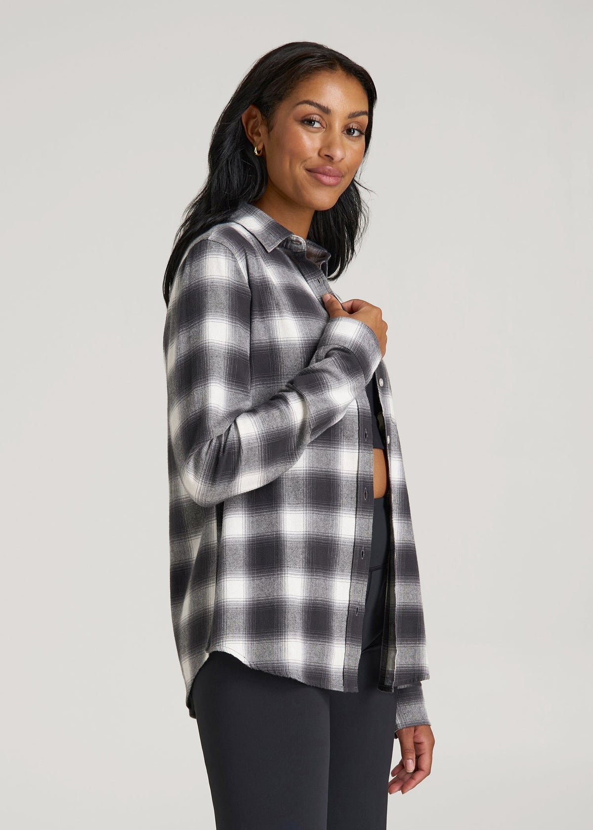 Flannel Button-Up Shirt for Tall Women in Grey and White Plaid