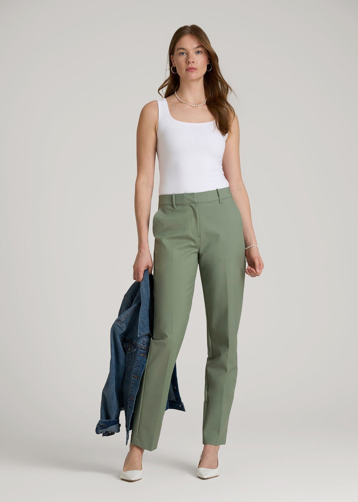 Flat Front Tapered Dress Pants for Tall Women in Dark Seagrass