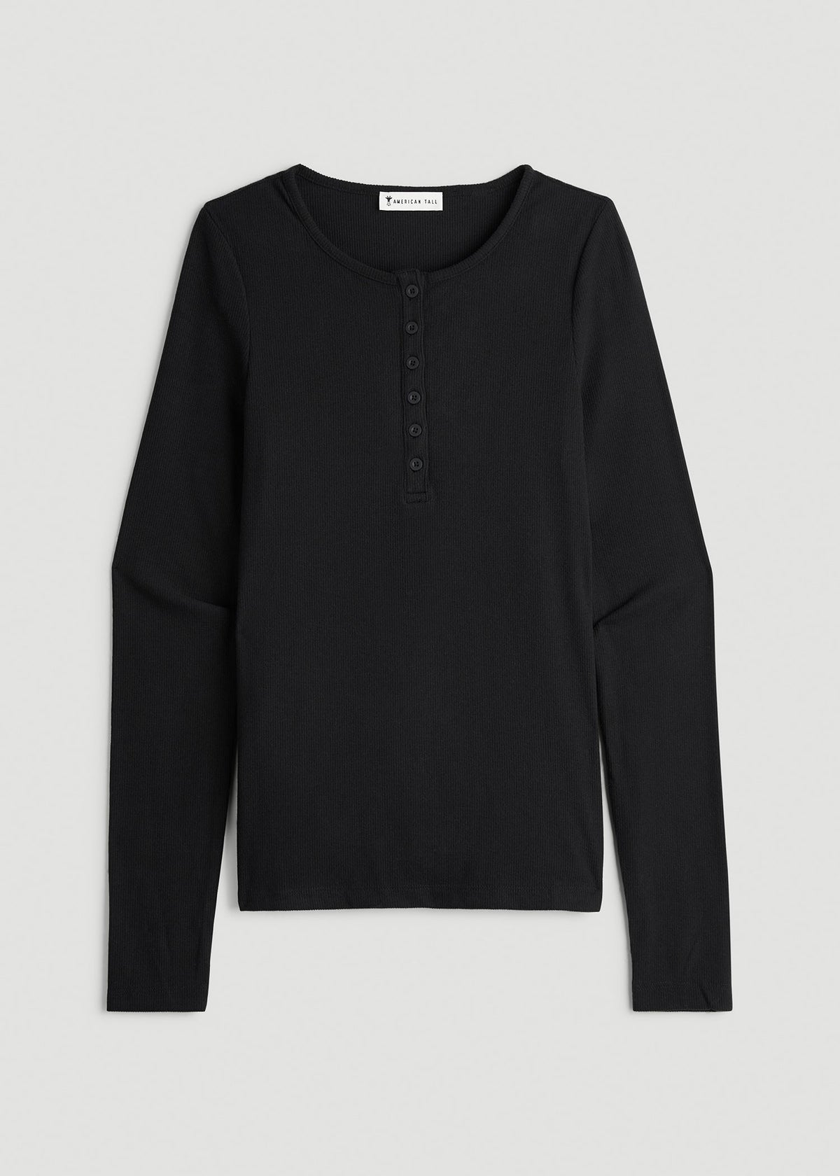 Long Sleeve Ribbed Crewneck Henley Shirt for Tall Women in Black