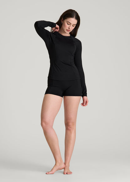 Long Sleeve Crewneck Rashguard for Tall Women in Deep Black
