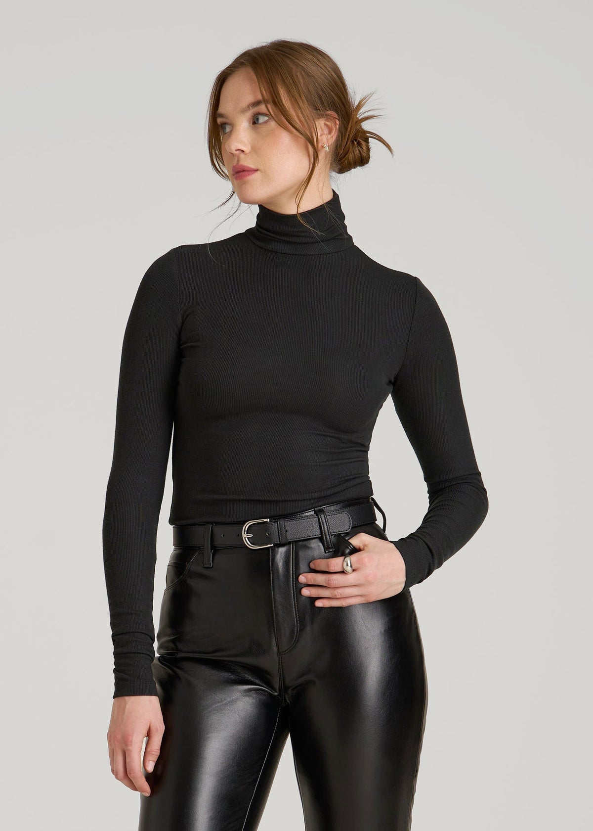 Fitted Long Sleeve Ribbed Turtleneck Tee for Tall Women in Black