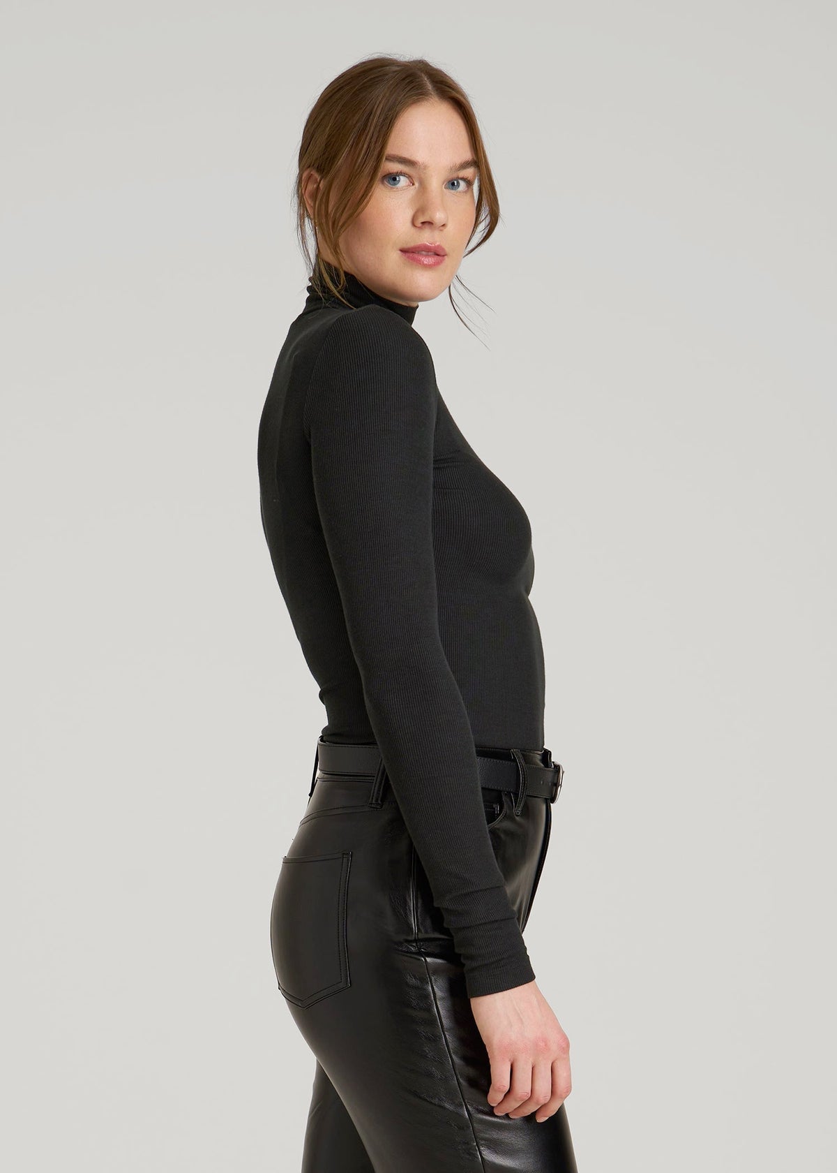 Fitted Long Sleeve Ribbed Turtleneck Tee for Tall Women in Black