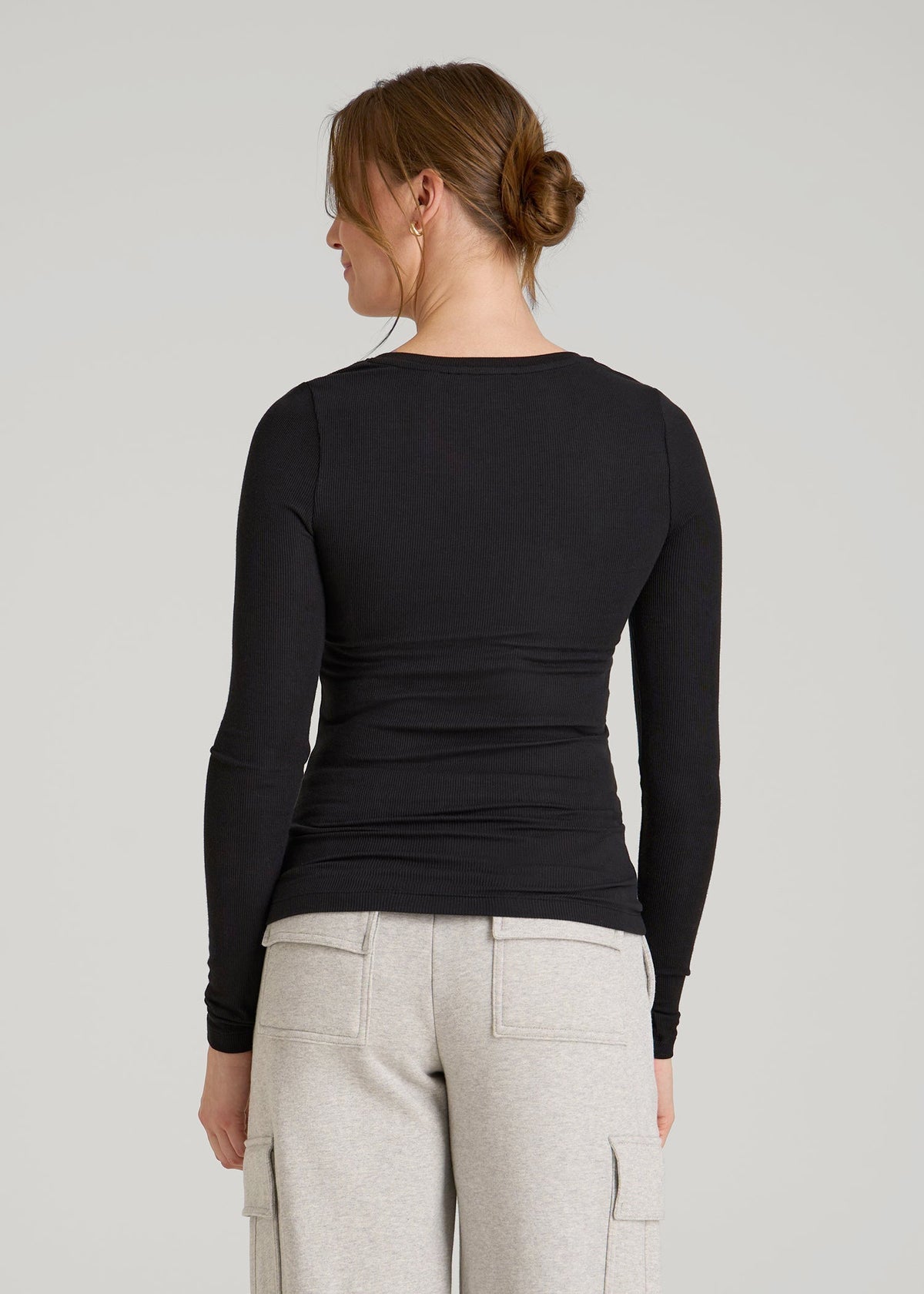 Fitted Ribbed Long Sleeve Henley for Tall Women in Black