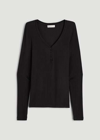 Fitted Ribbed Long Sleeve Henley for Tall Women in Black