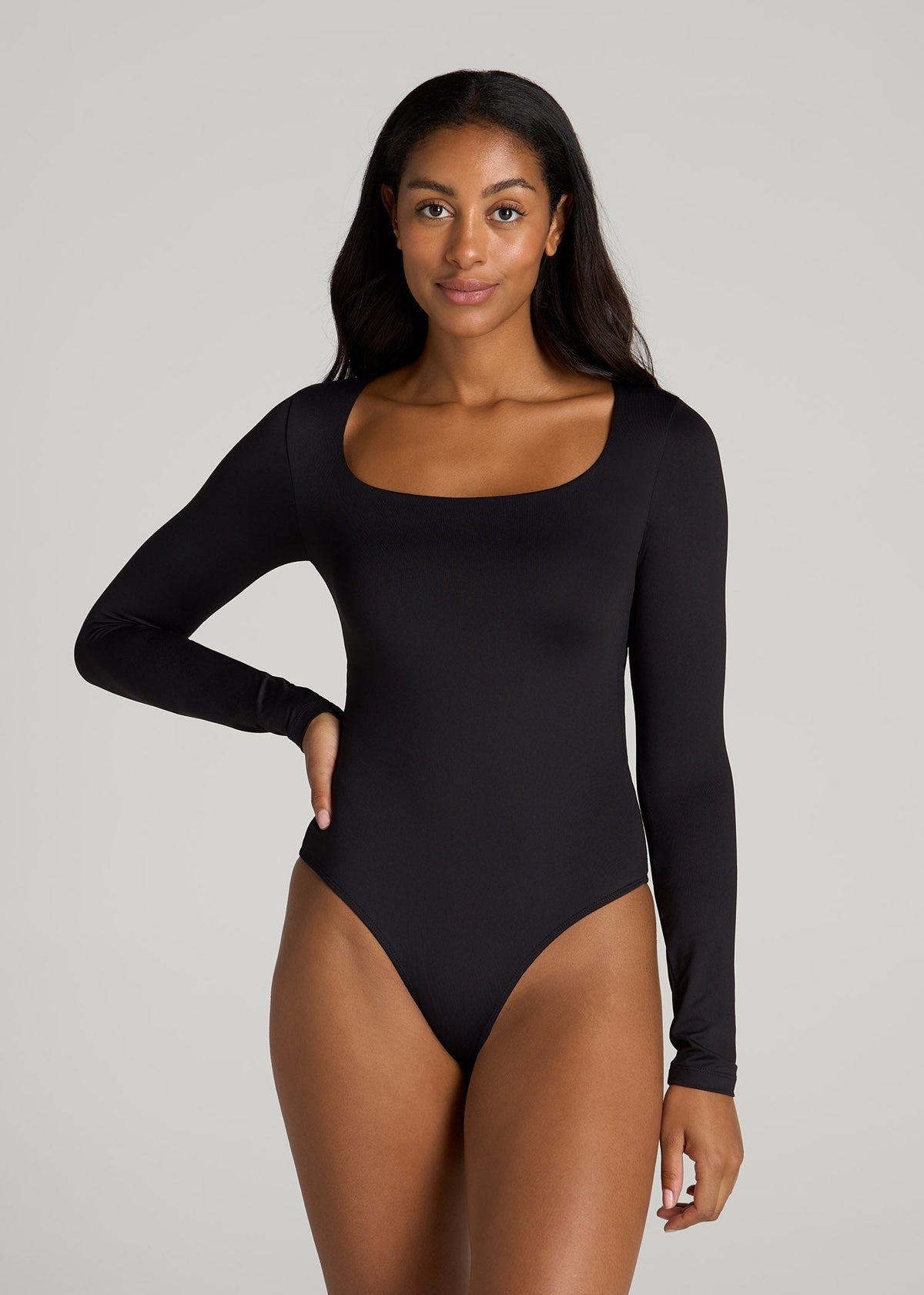Long Sleeve Square Neck Bodysuit for Tall Women in Black