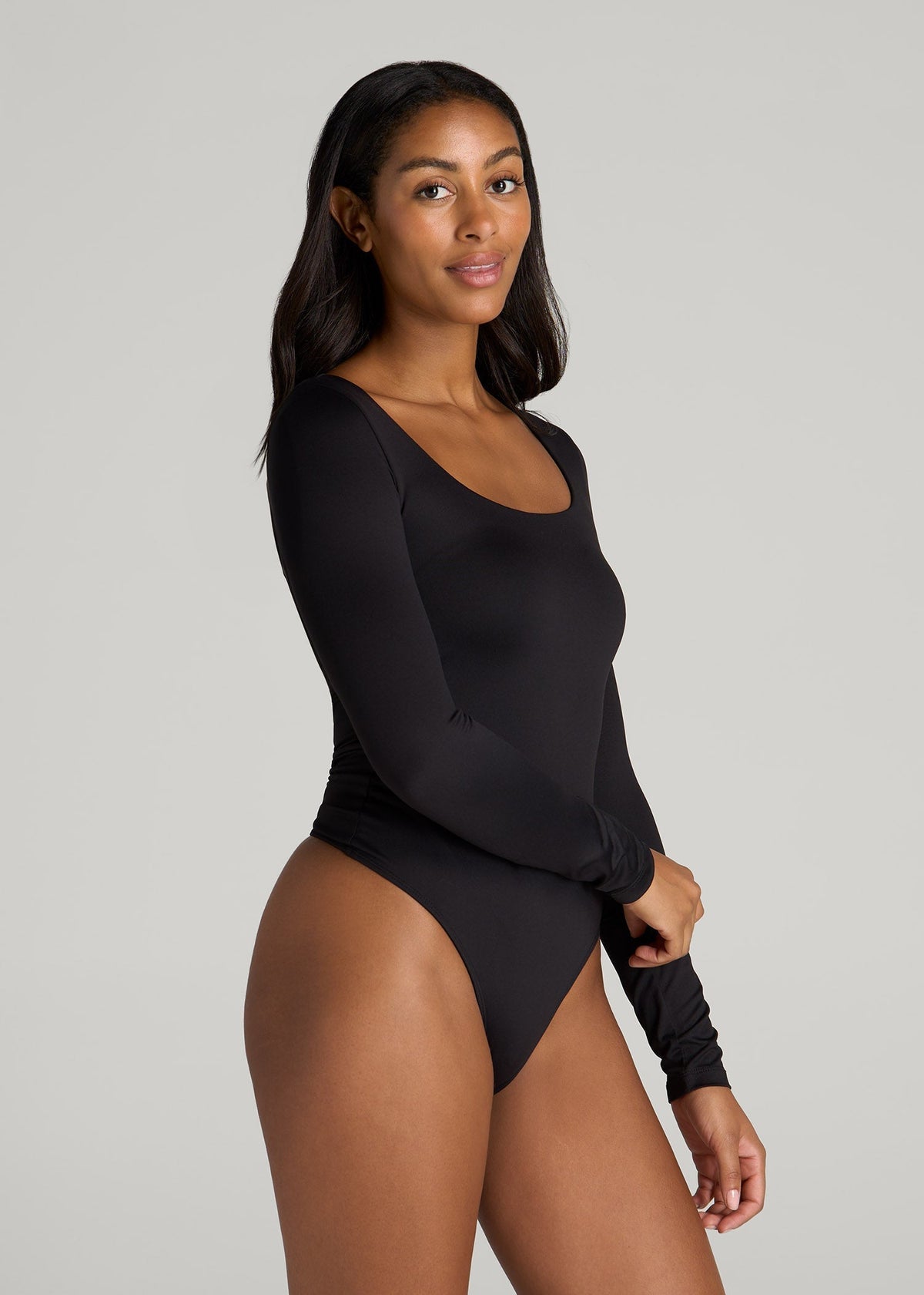 Long Sleeve Square Neck Bodysuit for Tall Women in Black