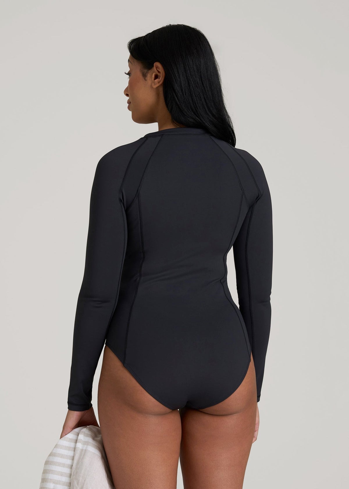 Long Sleeve UPF 50 One Piece Swimsuit for Tall Women in Black