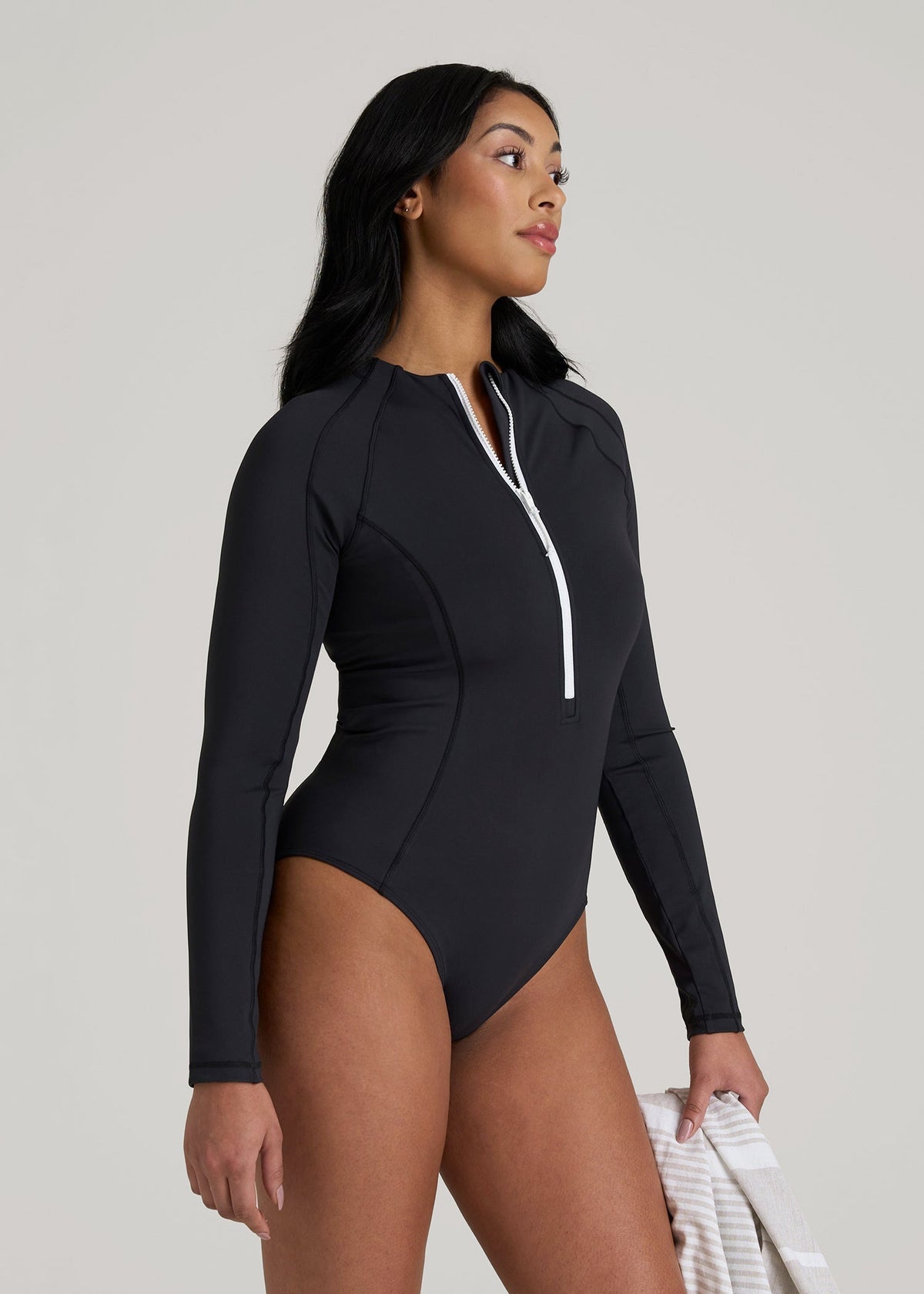 Long Sleeve UPF 50 One Piece Swimsuit for Tall Women in Black