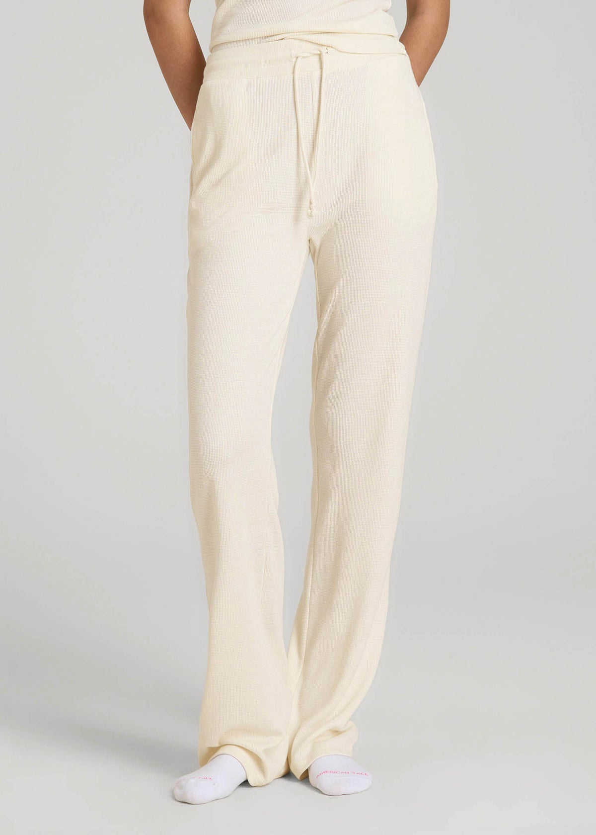 Open-Bottom Waffle Lounge Pants for Tall Women in White Alyssum